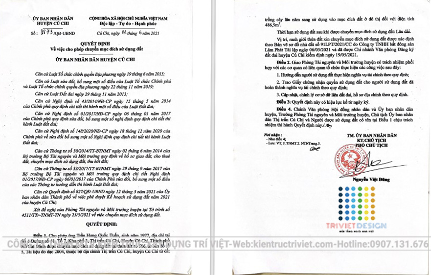 quyết định cho phép lên thổ cư đất củ chi